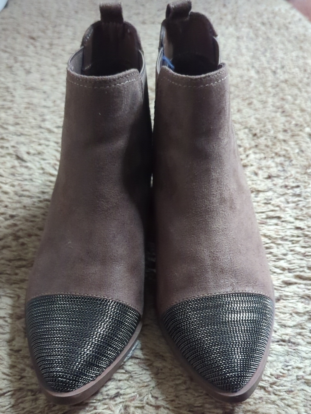Report Brown Suede Ankle Booties with Metallic Cap Toe